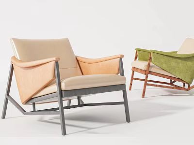 Modern Single Sofa Chairs with Beige Green Upholstery and Metal Wooden Frames 3d model