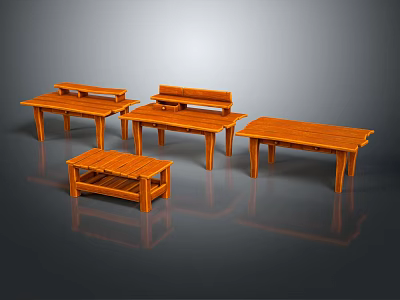 Wooden Furniture Set With Simple Design Tables And Benches For Home Living Space 3d model