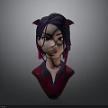 3D Character Head Model With Purple Hair Red Accessories Neck Ornament And Red Top