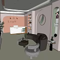 Modern Beauty Hair Salon Interior Featuring Comfortable Sofa Coffee Tables Decorative Shelves And Wall Art