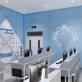 School Computer Classroom With Blue Walls Circular White Ceiling Designs And Neatly Arranged Computers For Student Learning 3d model
