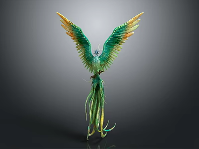 Mythical Flying Phoenix with Spread Green Yellow Wings and Long Vibrant Tail Feathers 3d model