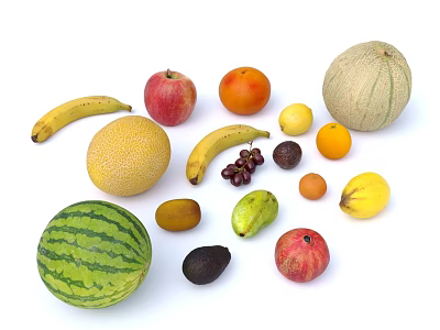 Fresh Assorted Colorful Fruits Including Banana Apple Orange Watermelon Cantaloupe And Grapes 3d model