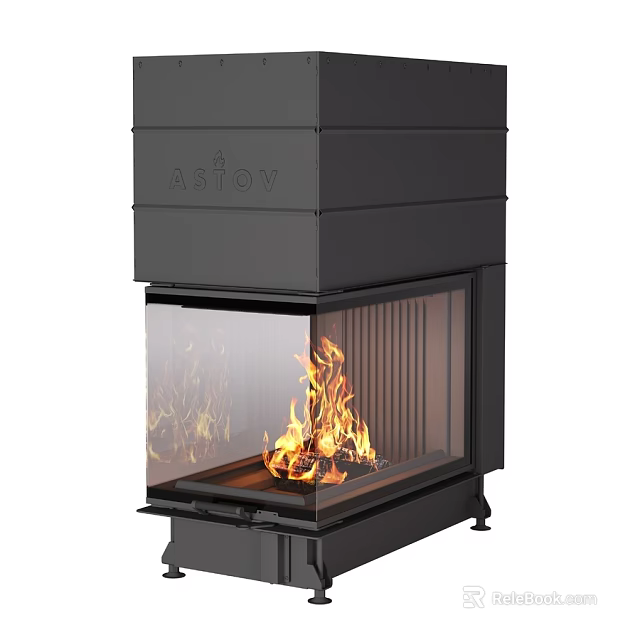 Modern Fireplace Interior With Black Glass Front And Burning Flames 3d model 