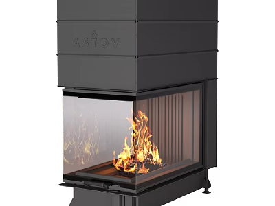 Modern Fireplace Interior With Black Glass Front And Burning Flames 3d model