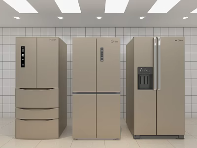 Sleek Champagne Colored Refrigerators with Different Door Designs in Modern Kitchen 3d model
