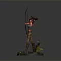 Woman with red hair holding bow wearing brown pants and boots on green base statue