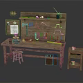 Wooden Workbench With Tools Stool And Cabinet Featuring Wall Mounted Tool Rack And Bulletin Board