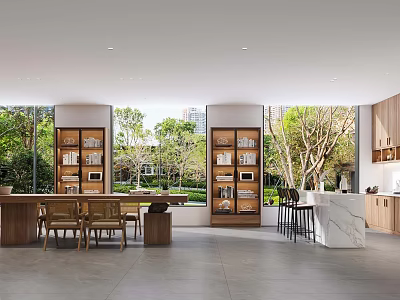 Modern Book Art Interior Design With Wooden Shelves Reading Space And Green Views 3d model