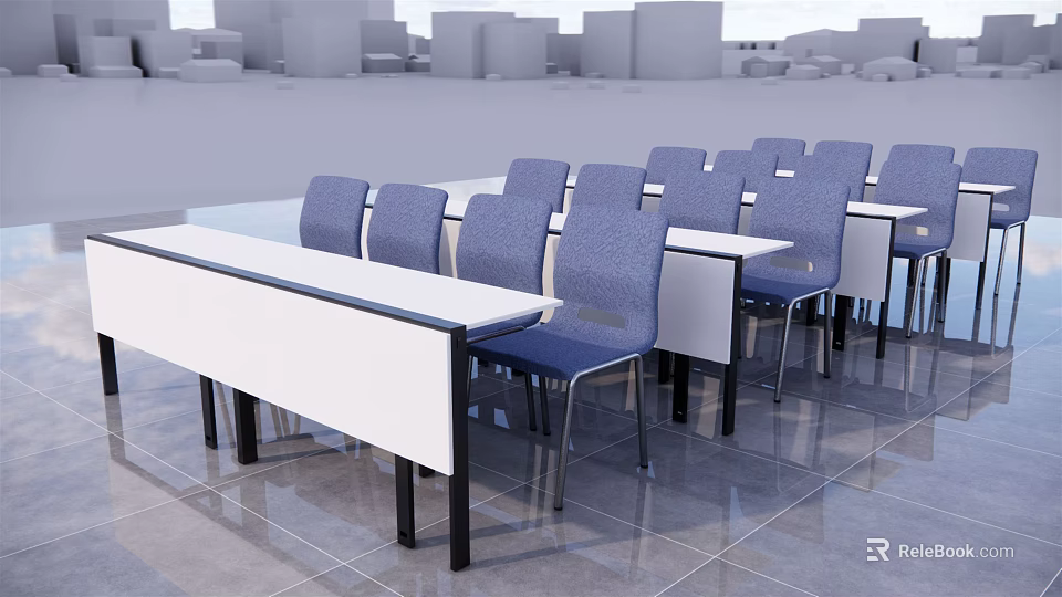 Modern Conference Table With Blue Chairs White Tabletop And Black Legs In Office Meeting Room 3d model 