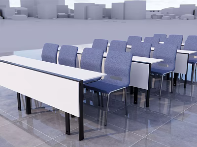 Modern Conference Table With Blue Chairs White Tabletop And Black Legs In Office Meeting Room 3d model