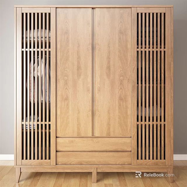 Modern Minimalist Wooden Wardrobe With Light Wood Slatted Doors And Bottom Drawers 3d model 