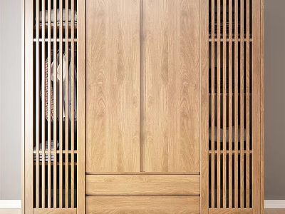 Modern Minimalist Wooden Wardrobe With Light Wood Slatted Doors And Bottom Drawers 3d model