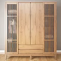 Modern Minimalist Wooden Wardrobe With Light Wood Slatted Doors And Bottom Drawers