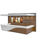 Modern Wooden Reception Desk For Abuelita Coffee With Menu Posters On Wall