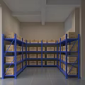 Blue Metal Storage Shelves With Cardboard Boxes In Organized Warehouse