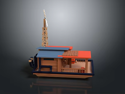 Wooden Model Boat With Tall Tower Blue Red Roof Deck And Seating Area 3d model