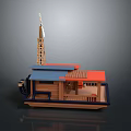 Wooden Model Boat With Tall Tower Blue Red Roof Deck And Seating Area