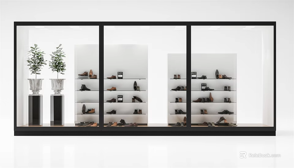 Elegant Shoe Shop Window Display With Multiple Shelves And Assorted Footwear 3d model 