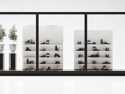 Elegant Shoe Shop Window Display With Multiple Shelves And Assorted Footwear 3d model