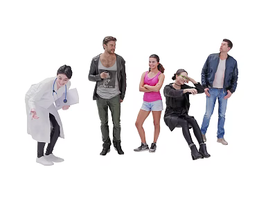 Group of people with different poses and casual clothing standing together 3d model