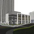 Modern Commercial Street With Glass Facade Buildings Pedestrians High Rise Surroundings Shops and Street Lights