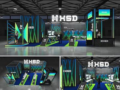 Modern NHSD Exhibition Booth With Blue Green Accents Digital Screens And Display Areas 3d model