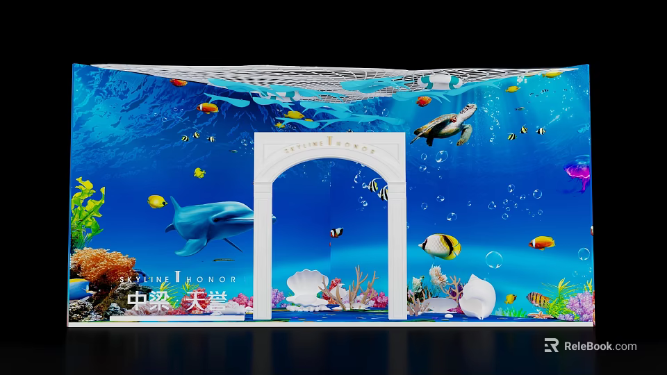 Underwater Scene With Colorful Fish Turtle Dolphin Seashells And White Archway 3d model 