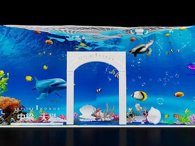 Underwater Scene With Colorful Fish Turtle Dolphin Seashells And White Archway 3d model