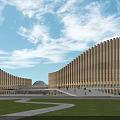 Modern Cultural Center Building With Curved Wooden Facade Green Lawn And Blue Sky
