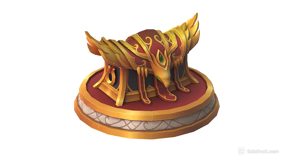 Ornate Storage Shelf With Golden Winged Design Red Surface And Circular Carved Base 3d model 
