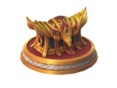 Ornate Storage Shelf With Golden Winged Design Red Surface And Circular Carved Base 3d model