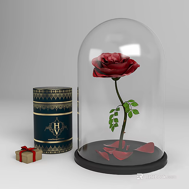 Elegant Decorative Ornament Set With Bell Jar Red Rose Ornate Canister And Small Gift Box 3d model 