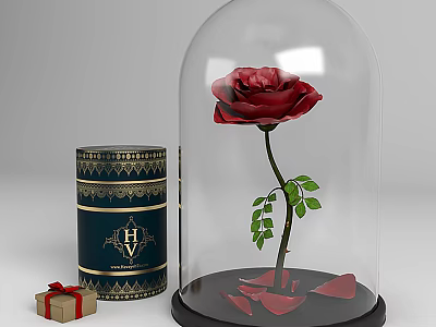 Elegant Decorative Ornament Set With Bell Jar Red Rose Ornate Canister And Small Gift Box 3d model