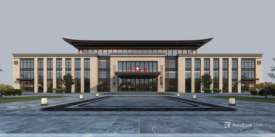 Traditional Style Hospital Building Exterior with Large Glass Windows and Main Entrance Red Cross 3d model 