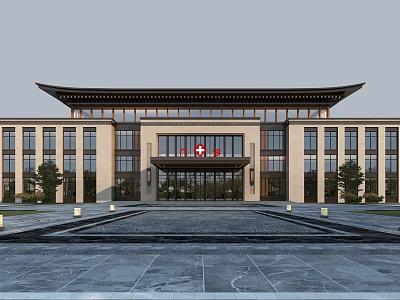 Traditional Style Hospital Building Exterior with Large Glass Windows and Main Entrance Red Cross 3d model