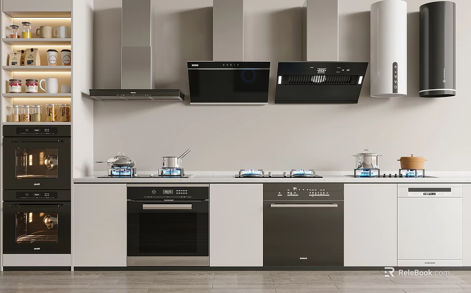 Modern Kitchen Appliances Featuring Range Hoods Stovetops And Built In Ovens 3d model 