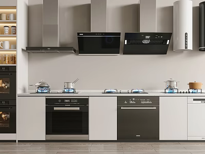 Modern Kitchen Appliances Featuring Range Hoods Stovetops And Built In Ovens 3d model