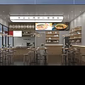 Elegant Restaurant Dining Space With Wooden Tables Hanging Lights Display Shelves And Menu Screen