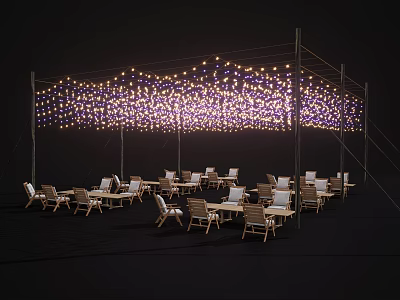Landscape Seats Arrangement with Wooden Tables and Hanging String Lights on Metal Frame 3d model