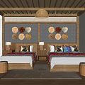 Hotel Guest Room With Two Beds Wooden Ceiling Rattan Pendant Light Circular Decorations View Window