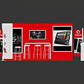 Household Items Display Booth With Red And White Design Screens Stools And Brochures