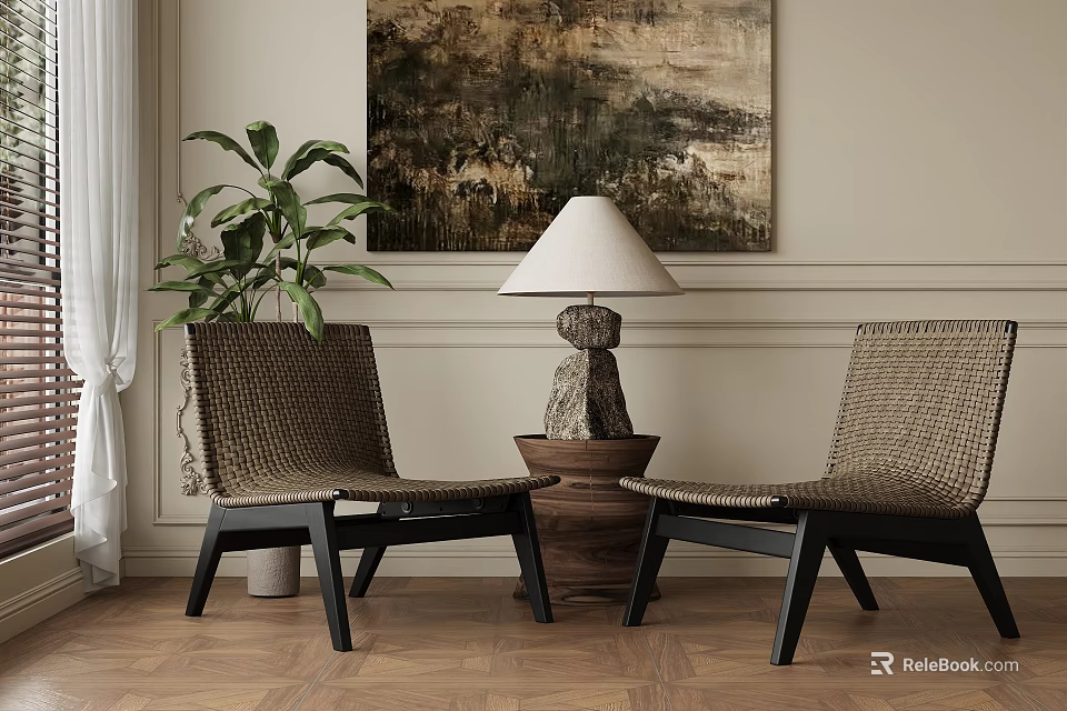 Woven Rattan Leisure Chairs With Black Legs In Living Room With Plant Lamp And Painting 3d model 