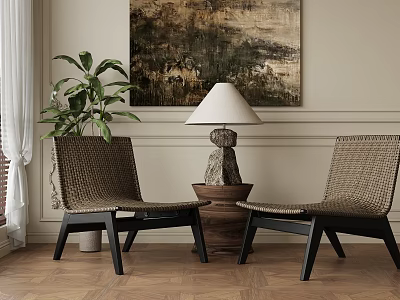 Woven Rattan Leisure Chairs With Black Legs In Living Room With Plant Lamp And Painting 3d model