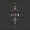 Intricate Mechanical Structure 3D Model Featuring Symmetrical Design Red Silver Components And Extended Arms