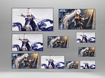 TV Displays Anime Style Female Character With White Long Hair Purple Blue Outfit Rock Background 3d model