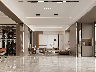 Modern Living Dining Room Interior Design With Marble Floor Ceiling Lights And Glass Partitions 3d model