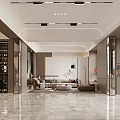 Modern Living Dining Room Interior Design With Marble Floor Ceiling Lights And Glass Partitions