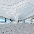 Modern Exhibition Hall Interior With Geometric Ceiling Digital Screens And People Visiting