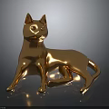 Golden Cat Statue with Metallic Finish in Reclining Pose and Reflection